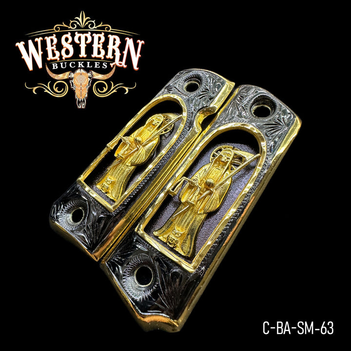Santa Muerte Custom Grips for the Colt 1911 Full-Size — 24K Gold-Plated &amp; Black Nickel