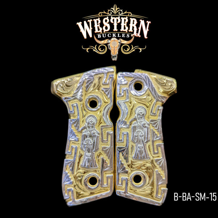 Santa Muerte Grips for Beretta 92FS — Silver-Plated on Gold-Plated