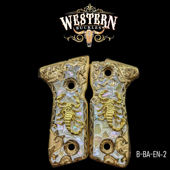 Scorpion Custom Grips for Beretta 92FS — 24K Gold-Plated with Mother-of-Pearl &amp; Artisan Resin