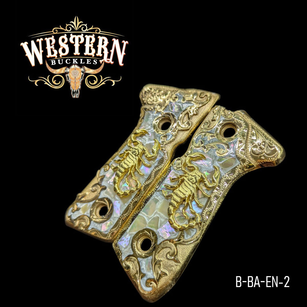 Scorpion Custom Grips for Beretta 92FS — 24K Gold-Plated with Mother-of-Pearl &amp; Artisan Resin