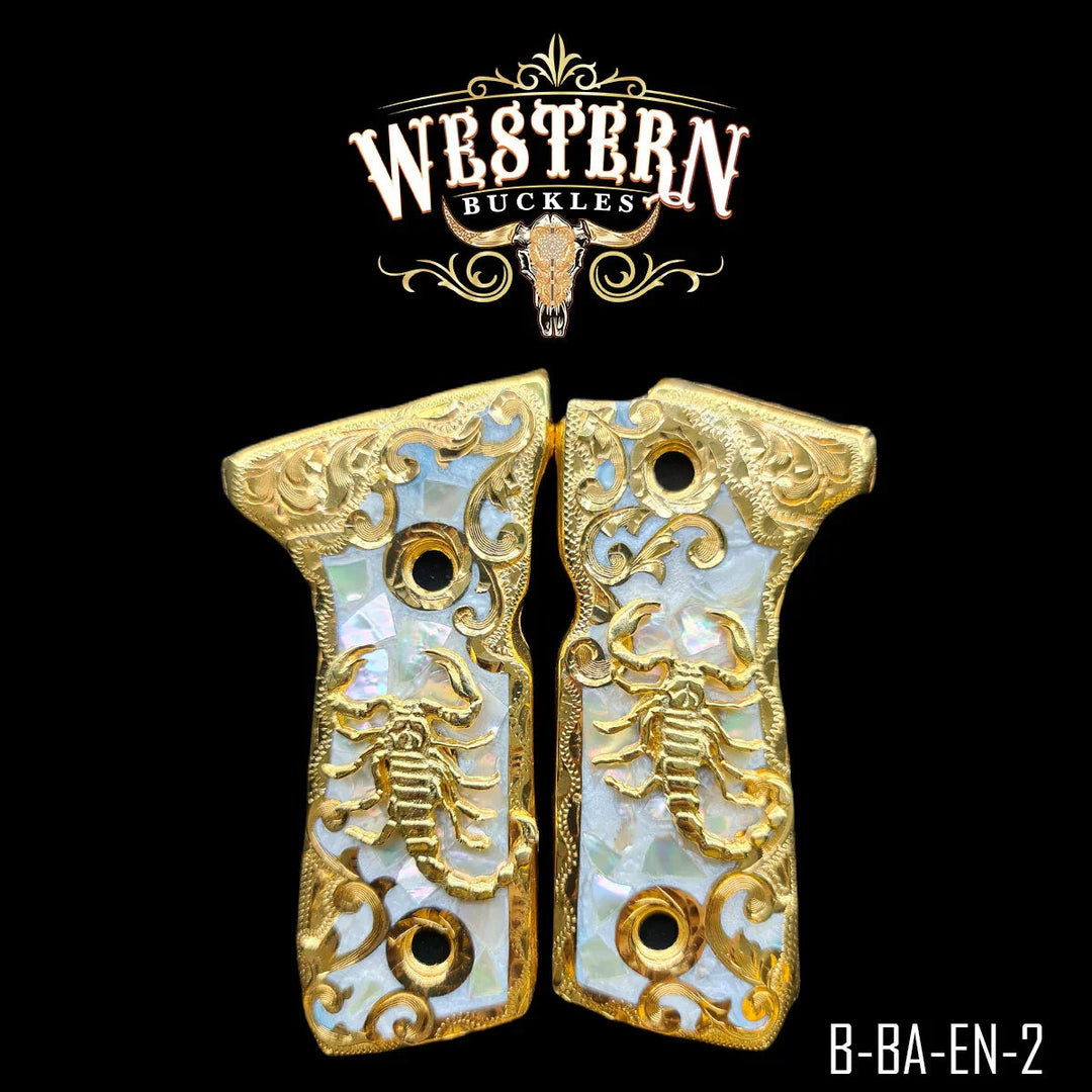 Scorpion Custom Grips for Beretta 92FS — 24K Gold-Plated with Mother-of-Pearl & Artisan Resin

