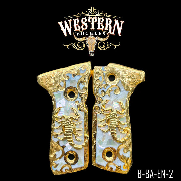 Scorpion Custom Grips for Beretta 92FS — 24K Gold-Plated with Mother-of-Pearl &amp; Artisan Resin


