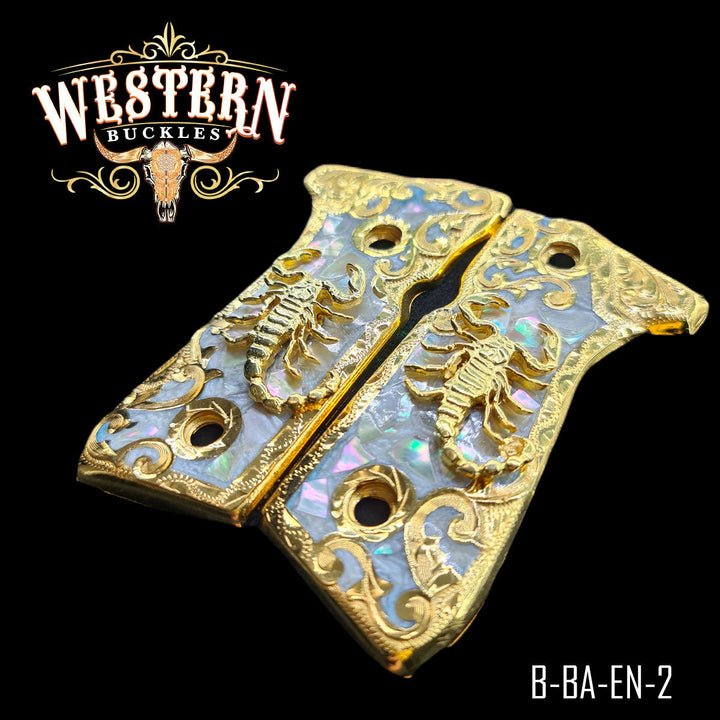 Scorpion Custom Grips for Beretta 92FS — 24K Gold-Plated with Mother-of-Pearl &amp; Artisan Resin
