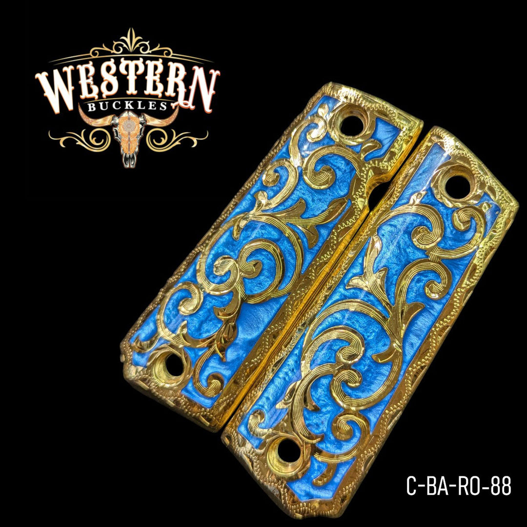 Scrollwork Grips for Colt 1911 Full-Size — Gold-Plated Light Blue Resin