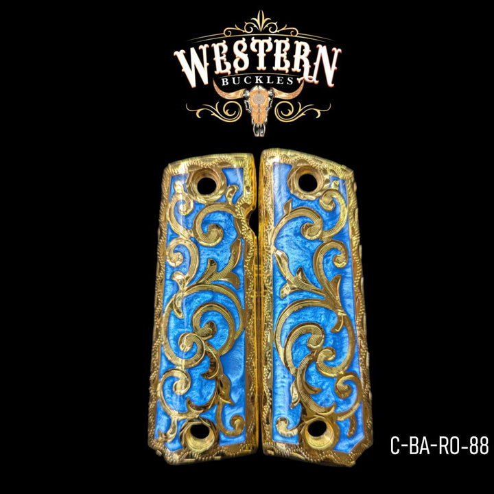 Scrollwork Grips for Colt 1911 Full-Size — Gold-Plated Light Blue Resin