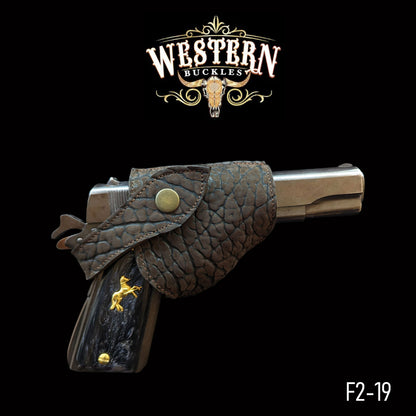 Custom Colt 1911 grip with gold accent, textured pistol holster, Western style