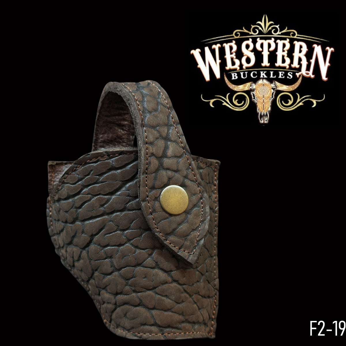 Textured brown leather gun holster with snap button, western style on black background.
