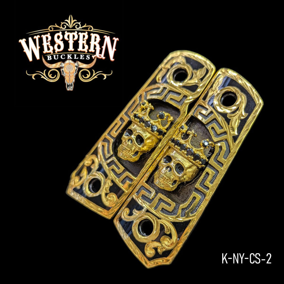 Skull Custom Grips for the Colt 1911 Compact &amp; Defender — 24K Gold-Plated &amp; Black Nickel &amp; Artisan Resin