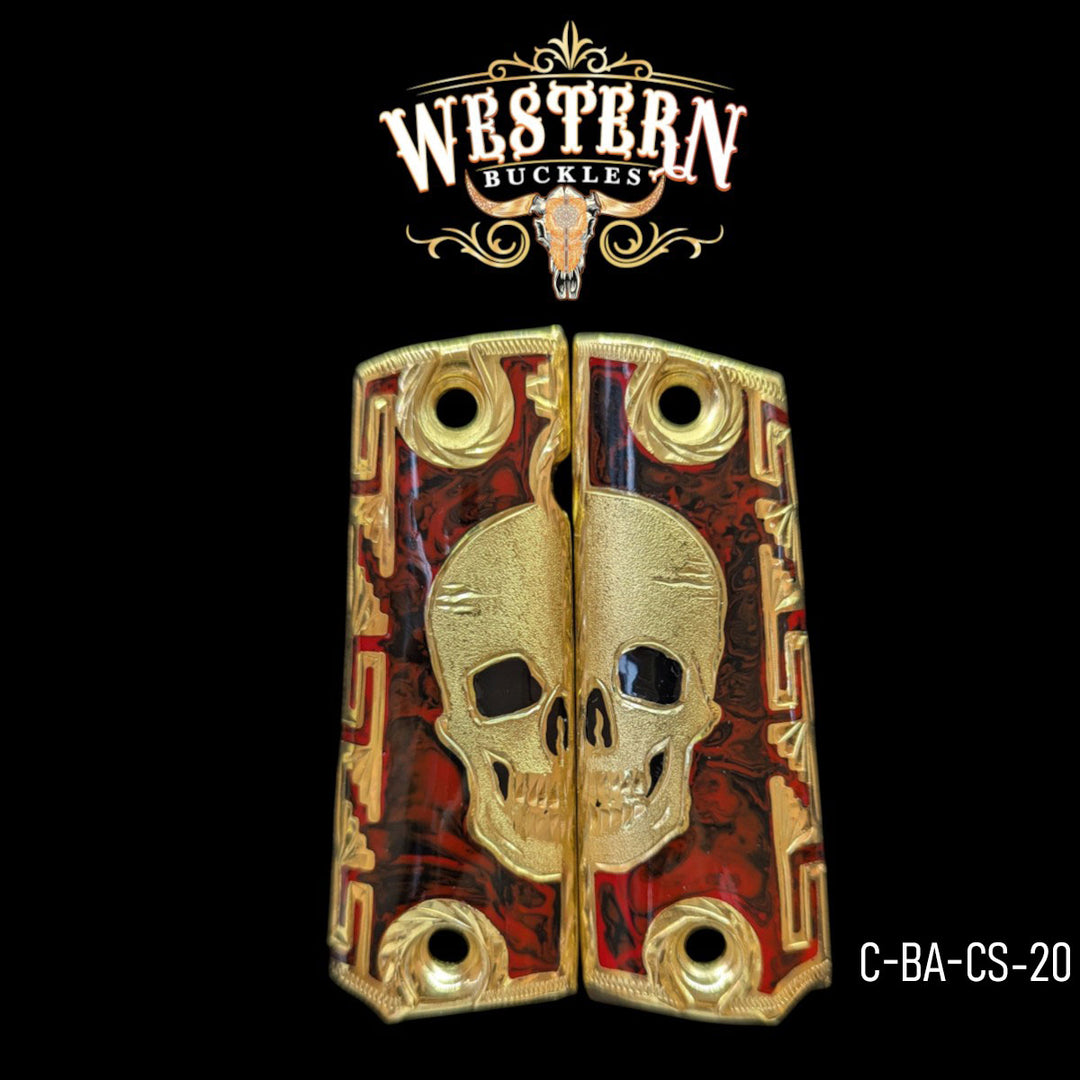 Skull Grips for Colt 1911 Full-Size — 24K Gold-Plated with Red Resin