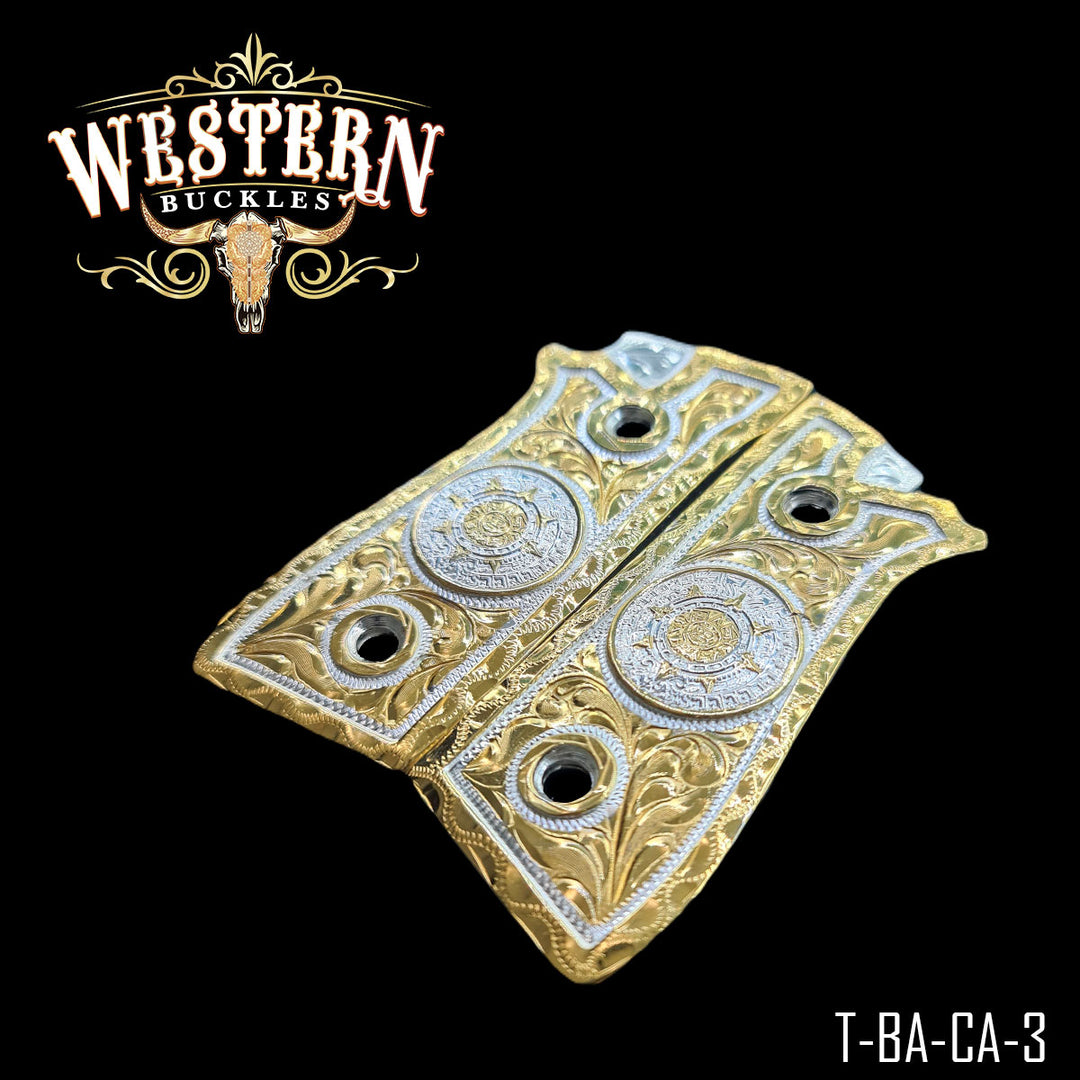 Taurus Aztec Calendar Gun Grips — Hand-Engraved — Detail View | Western Buckles Handcrafted | SKU T-BA-CA-3