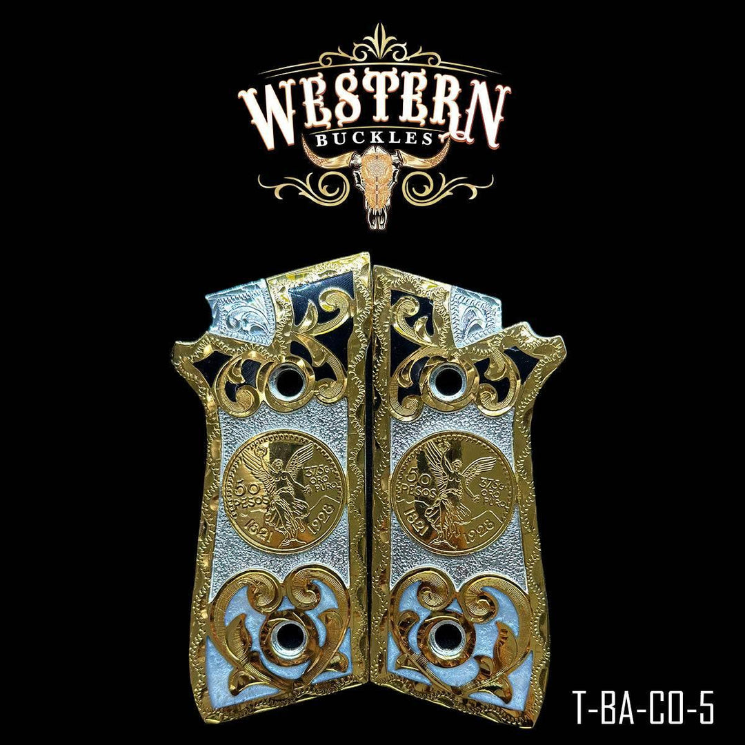 Custom gold and silver engraved 1911 pistol grips with coin detail and intricate western design