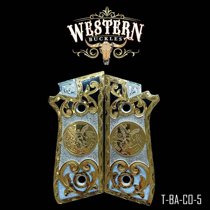 Custom gold and silver engraved 1911 pistol grips with coin detail and intricate western design