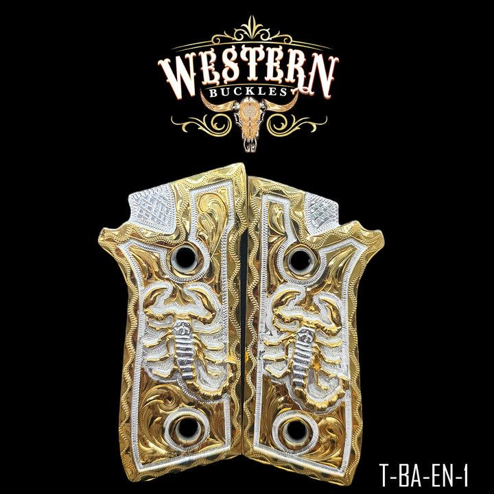 Taurus PT92 Scorpion Gun Grips — Hand-Engraved | 24K Gold Plated | Handcrafted by Western Buckles | SKU T-BA-EN-1