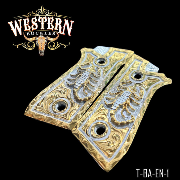 Taurus PT92 Scorpion Gun Grips — Hand-Engraved | 24K Gold Plated — Detail View | Western Buckles Handcrafted | SKU T-BA-EN-1