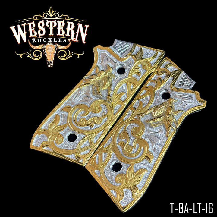Taurus PT92 Cachas — Detail View | Western Buckles Handcrafted | SKU T-BA-LT-16