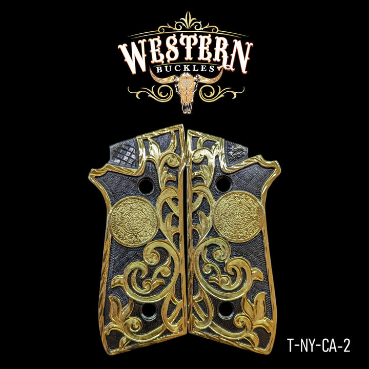 Taurus Aztec Calendar Cachas — Hand-Engraved | 24K Gold Plated &amp; Nickel | Handcrafted by Western Buckles | SKU T-NY-CA-2
