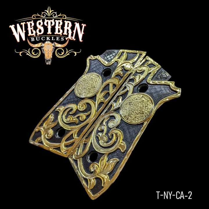 Taurus Aztec Calendar Cachas — Hand-Engraved | 24K Gold Plated &amp; Nickel — Detail View | Western Buckles Handcrafted | SKU T-NY-CA-2