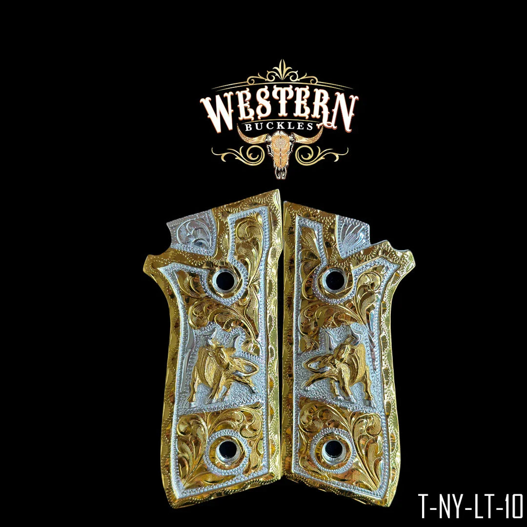 Engraved gold and silver pistol grips with western scrollwork and bull designs for Colt 1911.