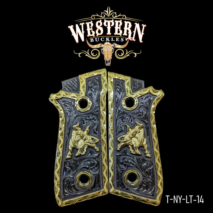 Taurus Gun Grips — Hand-Engraved | 24K Gold Plated &amp; Nickel | Handcrafted by Western Buckles | SKU T-NY-LT-14