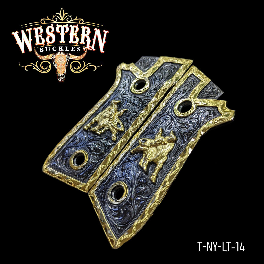 Taurus Gun Grips — Hand-Engraved | 24K Gold Plated &amp; Nickel — Detail View | Western Buckles Handcrafted | SKU T-NY-LT-14