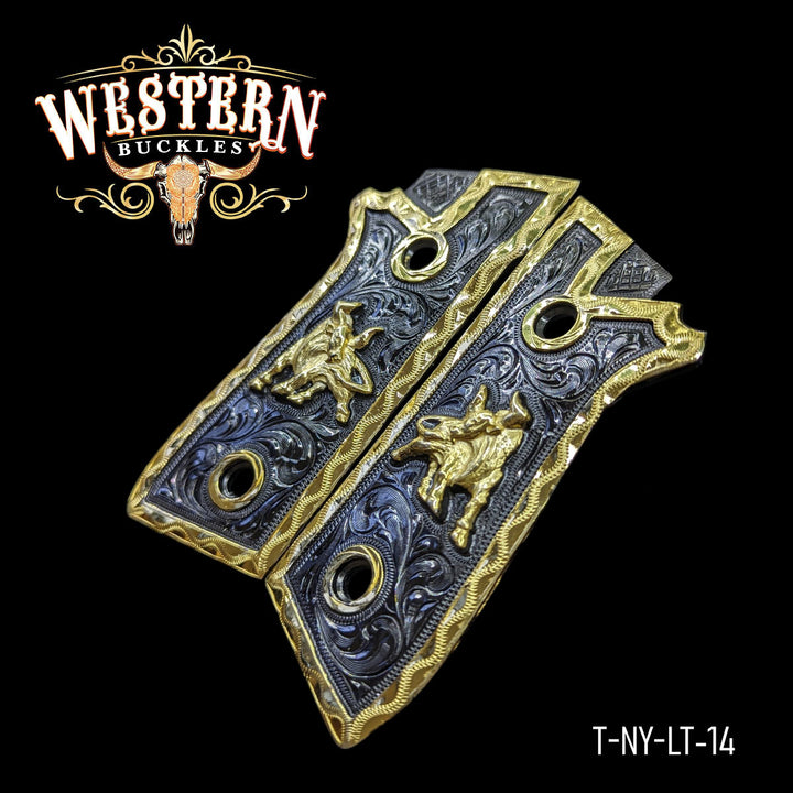 Taurus Gun Grips — Hand-Engraved | 24K Gold Plated &amp; Nickel — Detail View | Western Buckles Handcrafted | SKU T-NY-LT-14