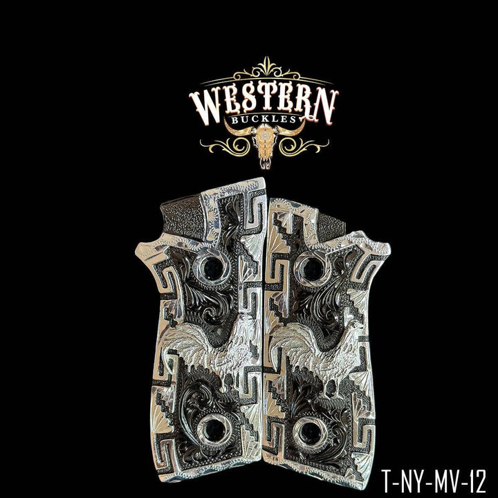 Custom engraved 1911 pistol grips with rooster design, silver western style, model T-NY-MV-12