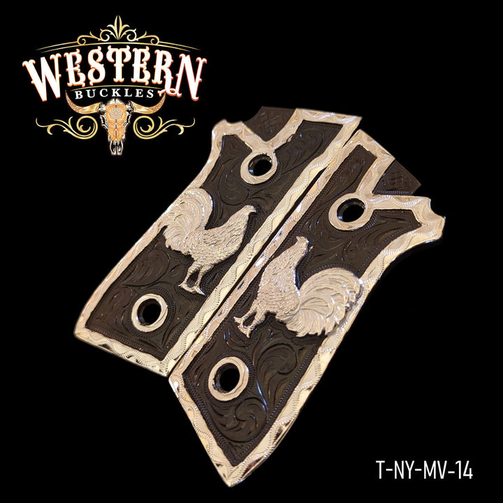 Taurus Rooster Gun Grips — .925 Silver Plated &amp; Black Nickel — Detail View | Western Buckles Handcrafted | SKU T-NY-MV-14
