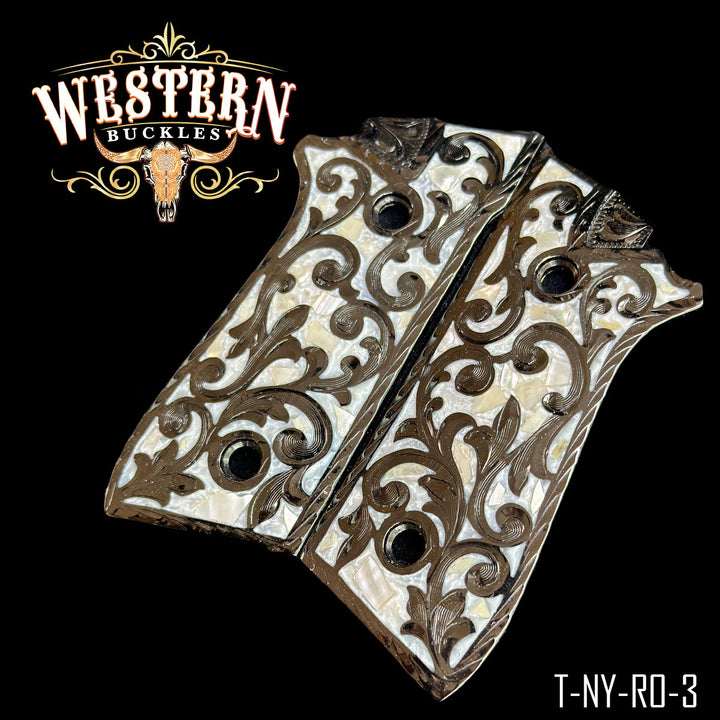 Taurus PT92 Gun Grips — Hand-Engraved — Detail View | Western Buckles Handcrafted | SKU T-NY-RO-3