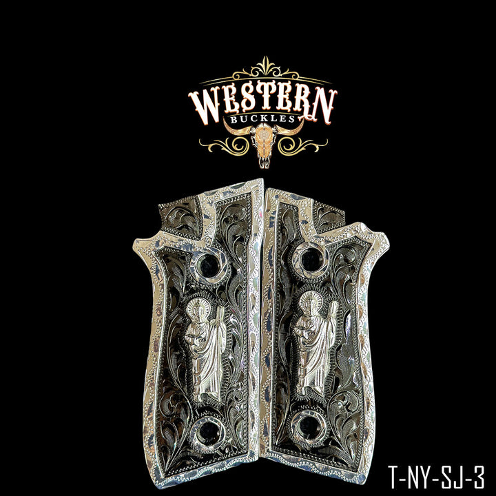 Taurus PT92 Saint Jude Gun Grips — .925 Silver Plated &amp; Nickel | Handcrafted by Western Buckles | SKU T-NY-SJ-3