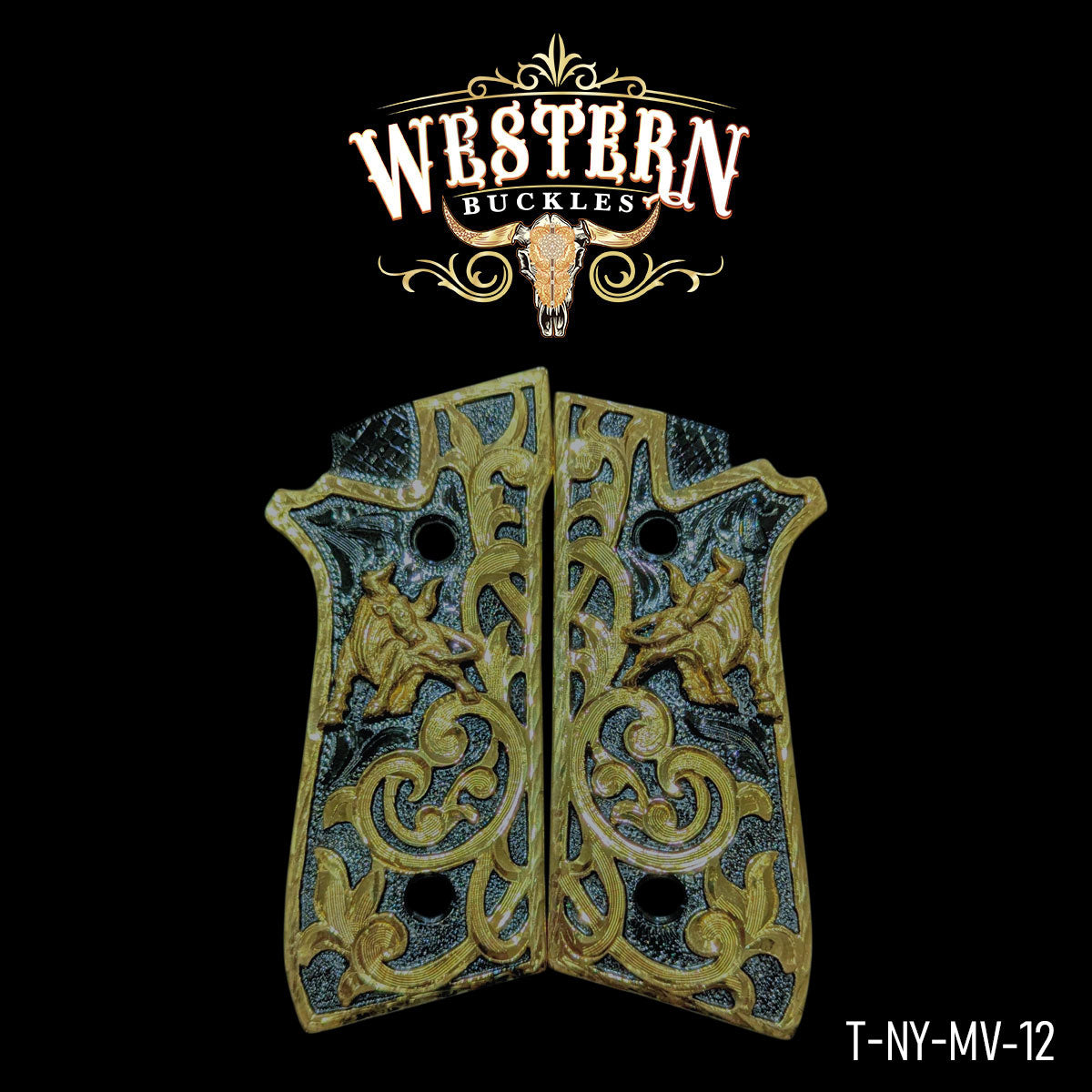Ornate gold and black taurus PT pistol grips with Western cowboy design