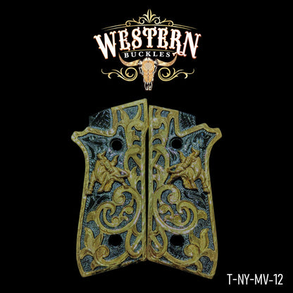 Ornate gold and black taurus PT pistol grips with Western cowboy design