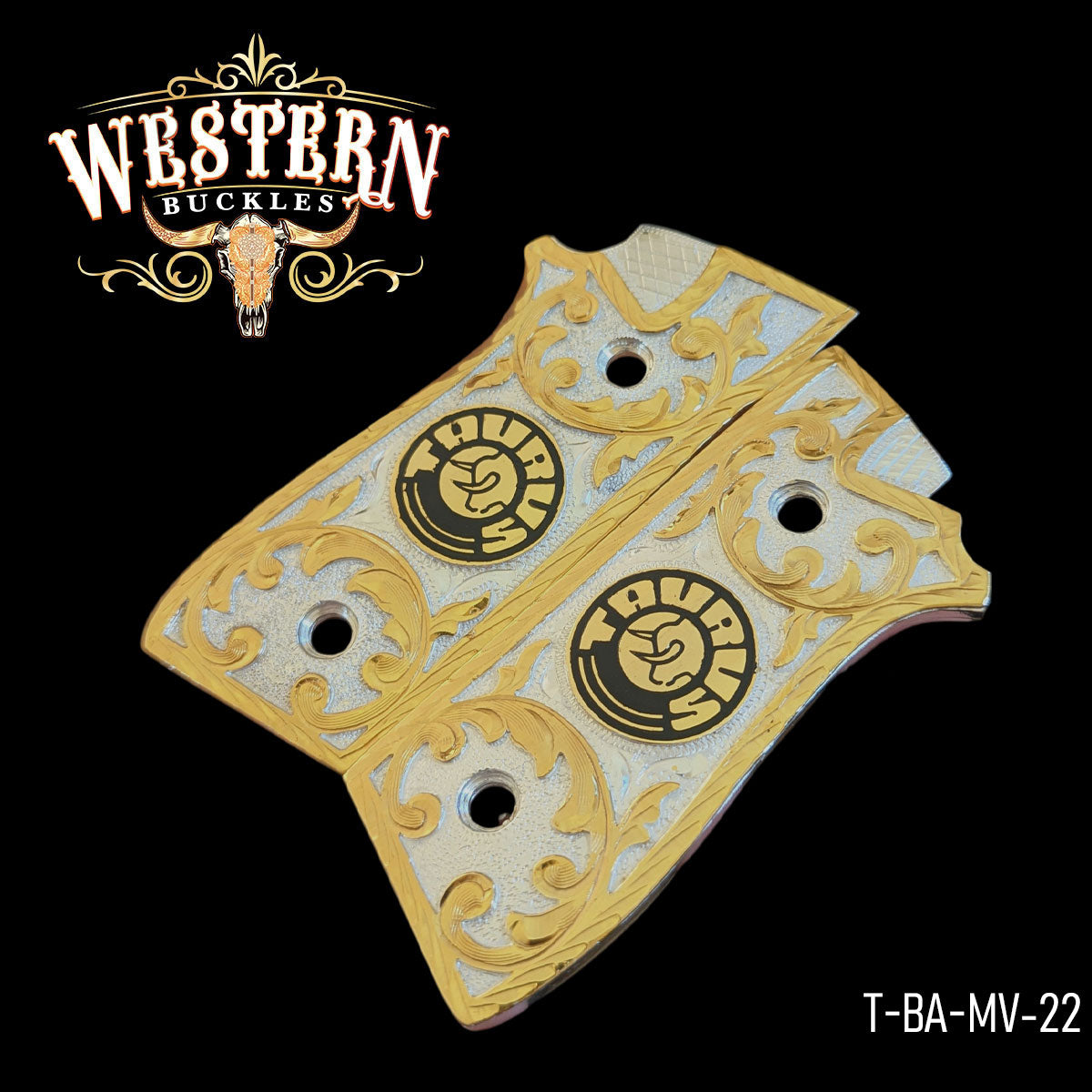 Ornate gold and silver Taurus pistol grips with engraved scroll design, displayed on black background.