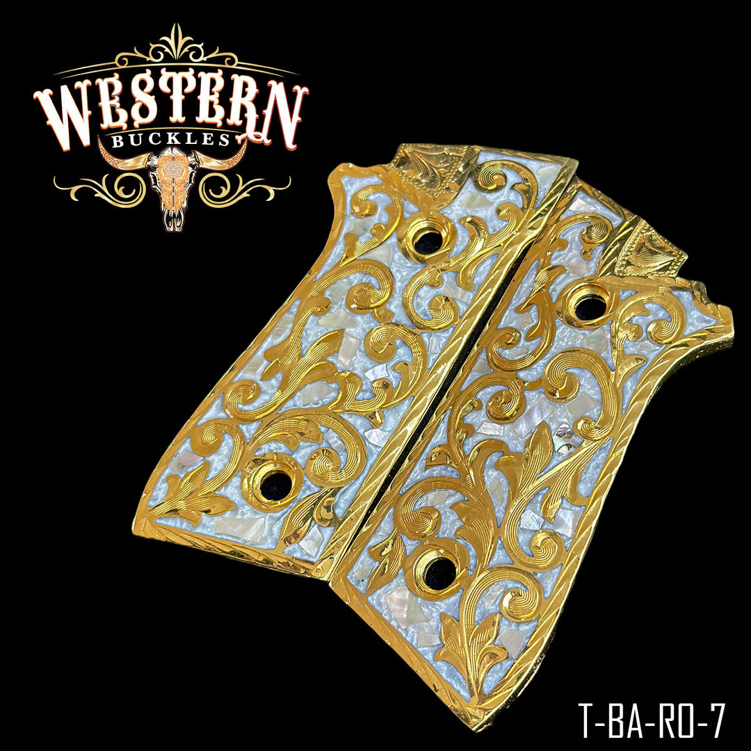 Taurus PT Cachas — Hand-Engraved | 24K Gold Plated — Detail View | Western Buckles Handcrafted | SKU T-BA-RO-7