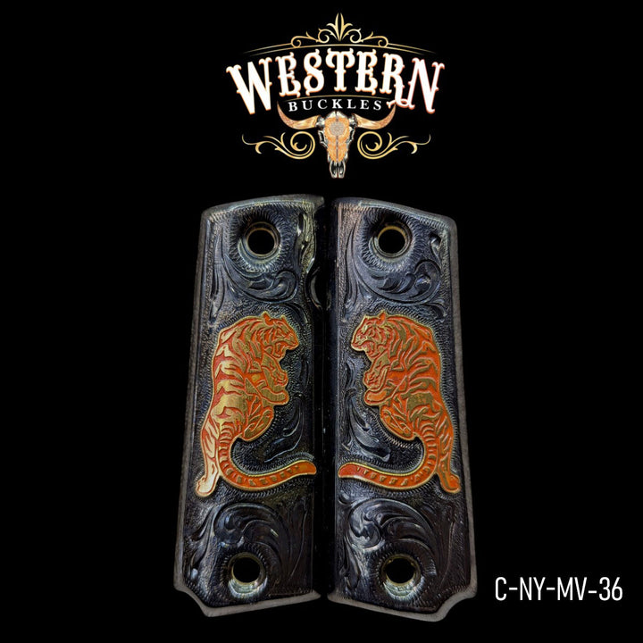 Tigre (Tiger) Custom Grips for Colt 1911 Full-Size — 24K Gold-Plated &amp; Black Nickel