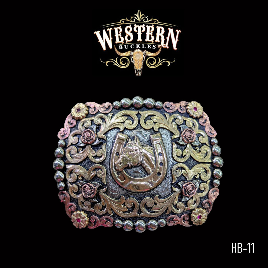 Trophy Belt Buckle Horse- Silver and Rose Gold-The Western Buckles