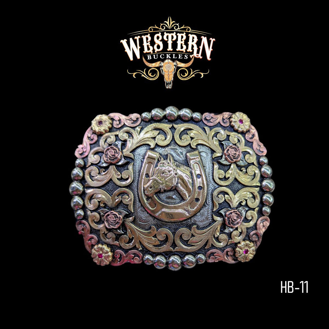 Trophy Belt Buckle Horse- Silver and Rose Gold-The Western Buckles