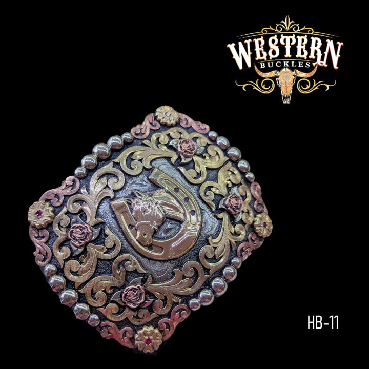 Trophy Belt Buckle Horse- Silver and Rose Gold-The Western Buckles