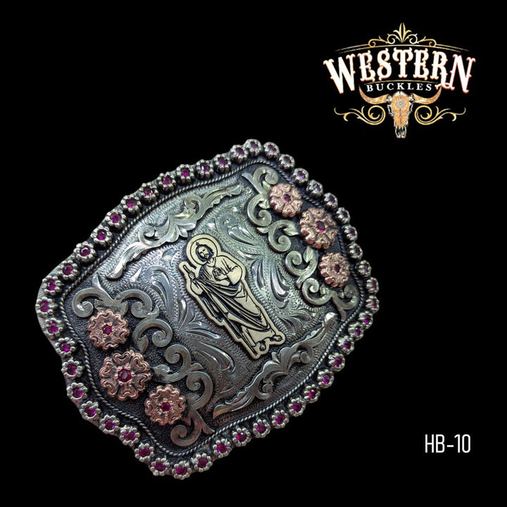 Trophy Belt Buckle San Judas- Silver and Rose Gold-The Western Buckles