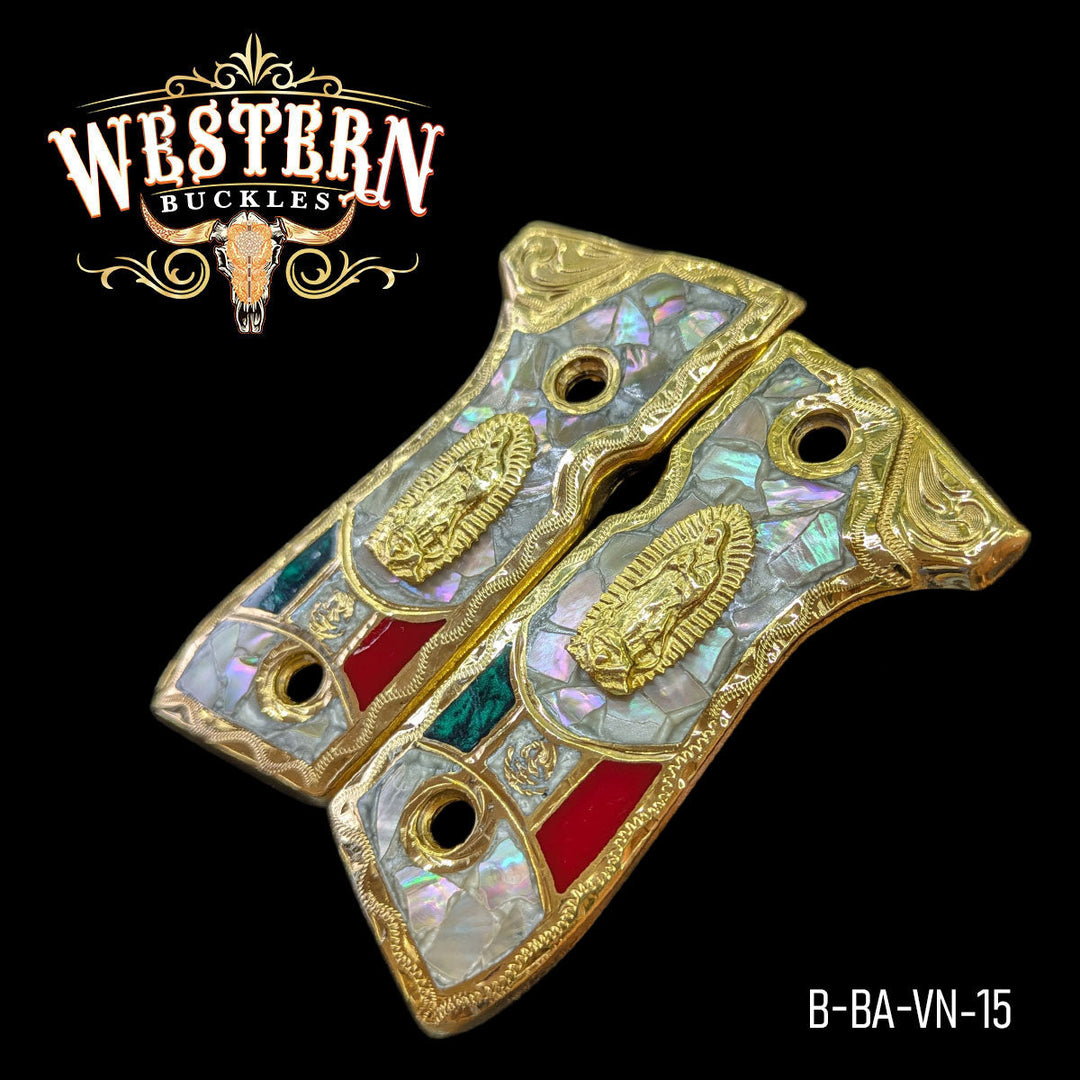 Virgen de Guadalupe Custom Grips for Beretta 92FS — 24K Gold-Plated with Mother-of-Pearl &amp; Artisan Resin