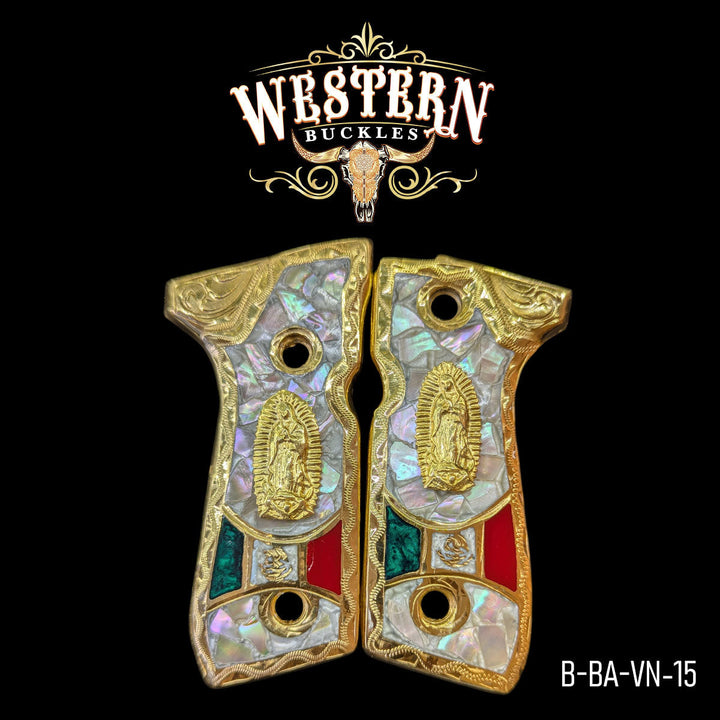 Virgen de Guadalupe Custom Grips for Beretta 92FS — 24K Gold-Plated with Mother-of-Pearl &amp; Artisan Resin