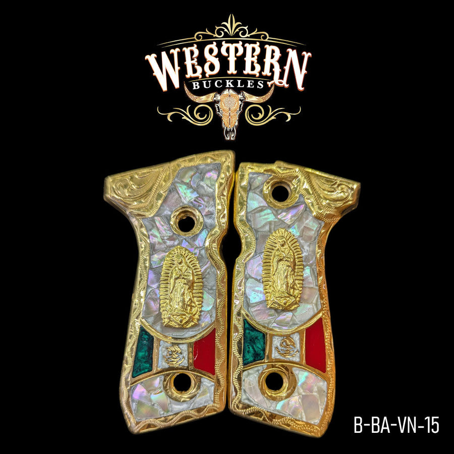 Virgen de Guadalupe Custom Grips for Beretta 92FS — 24K Gold-Plated with Mother-of-Pearl & Artisan Resin