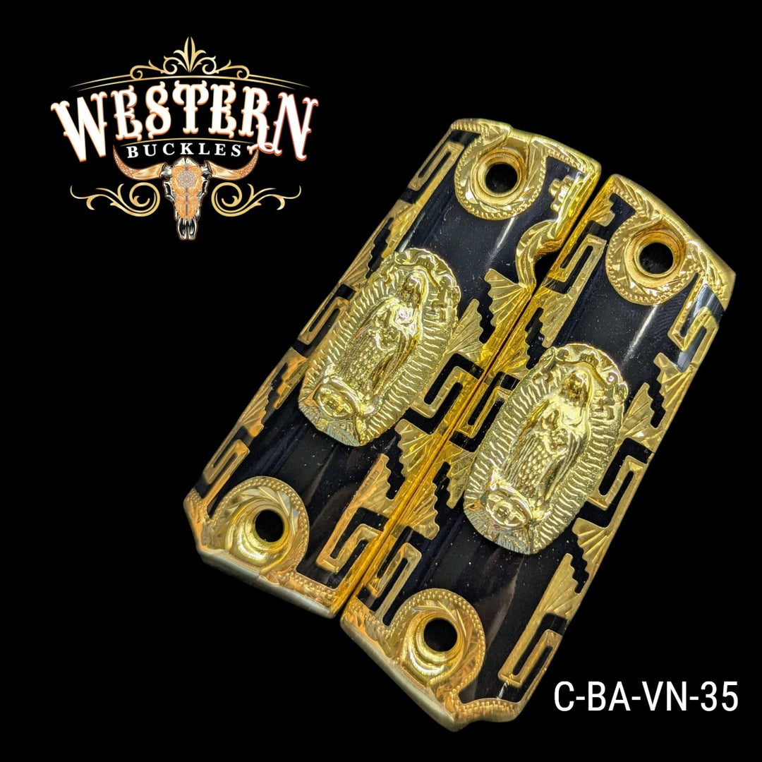 Virgen de Guadalupe Custom Grips for Colt 1911 Full-Size — 24K Gold-Plated with Black Artisan Resin