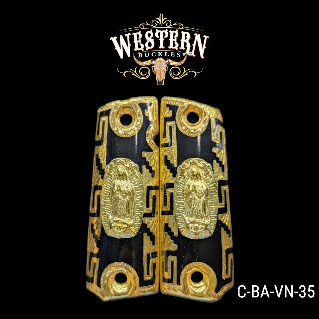 Virgen de Guadalupe Custom Grips for Colt 1911 Full-Size — 24K Gold-Plated with Black Artisan Resin