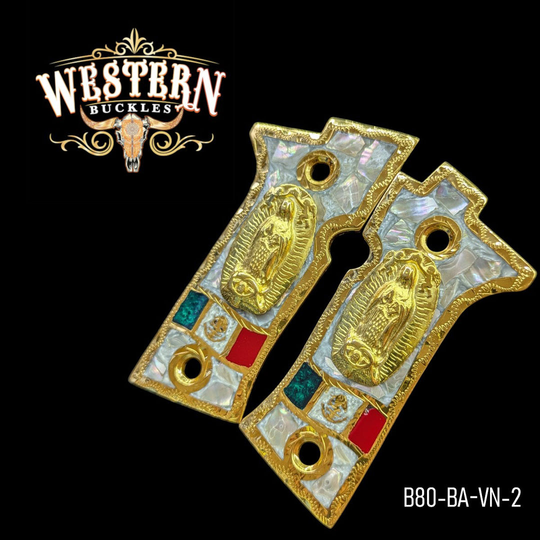 Virgen de Guadalupe Custom Grips for the Beretta 80X — 24K Gold-Plated &amp; Silver-Plated