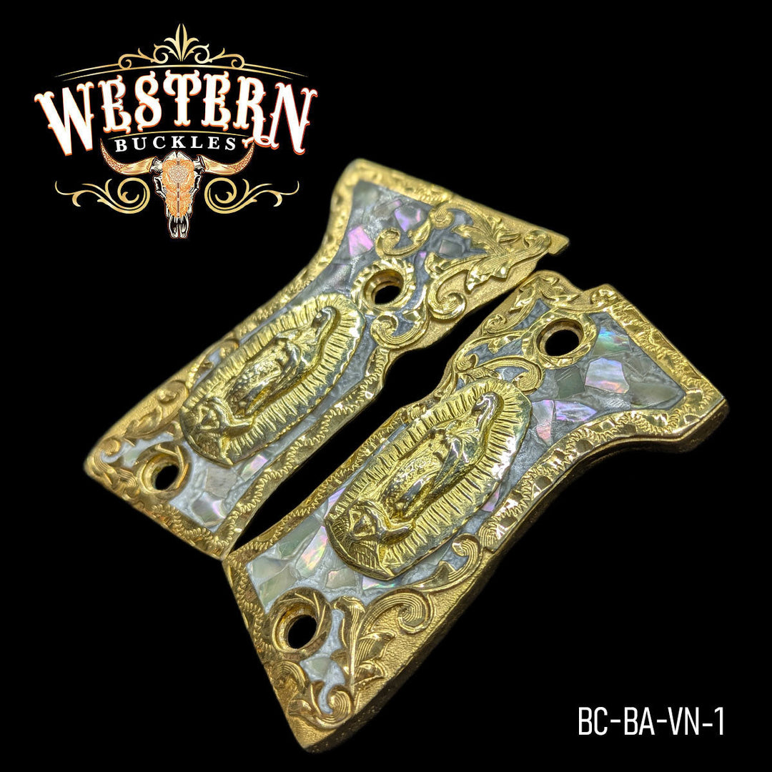 Beretta Compact Virgin of Guadalupe Cachas — Artisan Resin — Detail View | Western Buckles Handcrafted | SKU BC-BA-VN-1