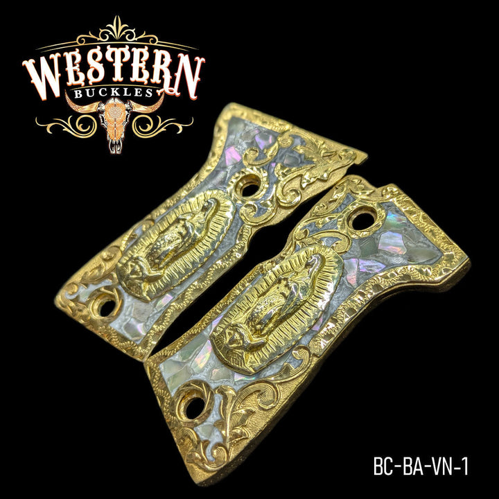 Beretta Compact Virgin of Guadalupe Cachas — Artisan Resin — Detail View | Western Buckles Handcrafted | SKU BC-BA-VN-1
