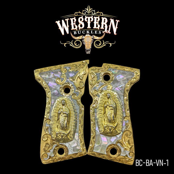 Virgen de Guadalupe Custom Grips for the Beretta 92 Compact — 24K Gold-Plated &amp; Silver-Plated &amp; Mother-of-Pearl