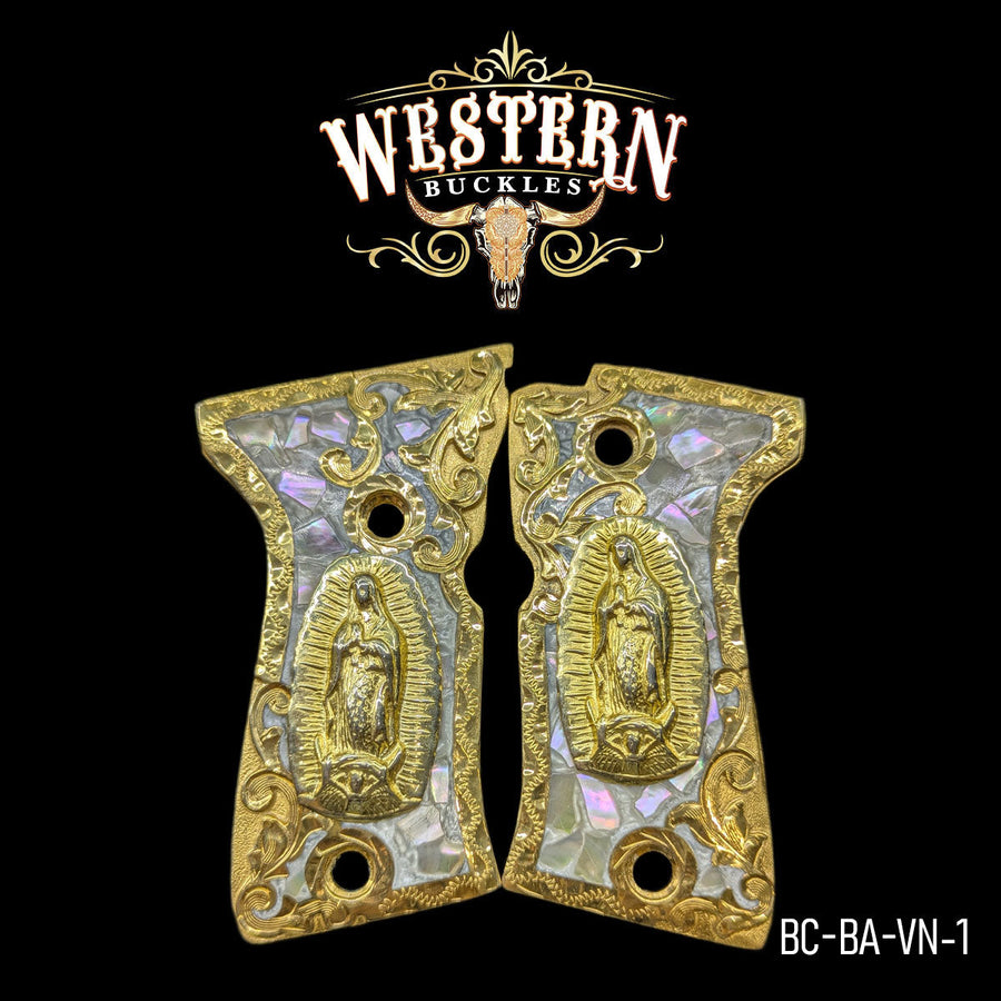 Virgen de Guadalupe Custom Grips for the Beretta 92 Compact — 24K Gold-Plated & Silver-Plated & Mother-of-Pearl