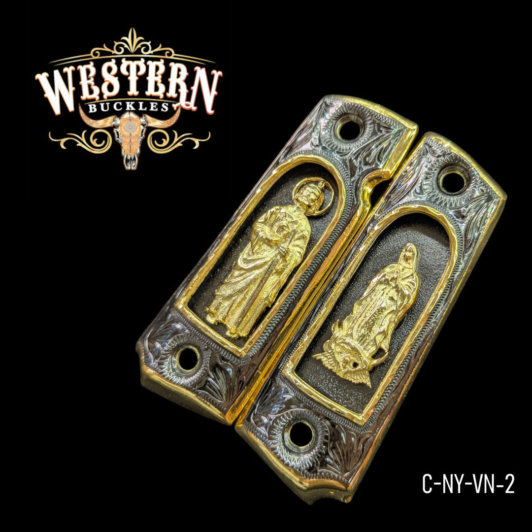 Virgen de Guadalupe &amp; San Judas Custom Grips for Colt 1911 Full-Size — 24K Gold-Plated &amp; Black Nickel