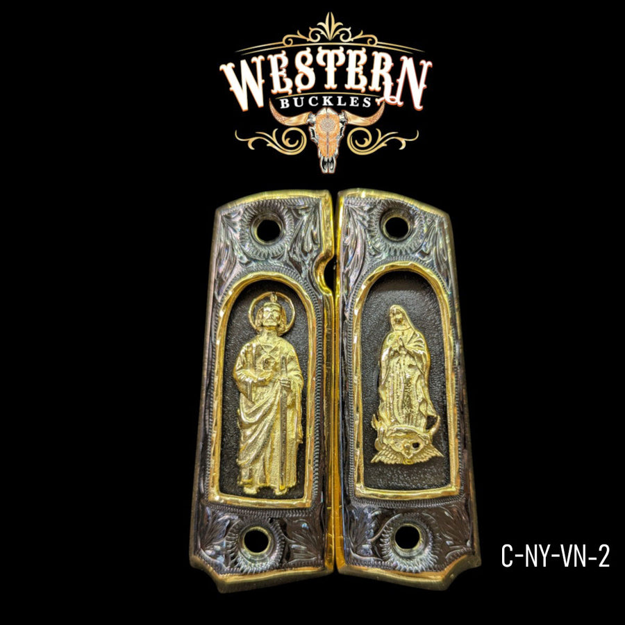 Virgen de Guadalupe & San Judas Custom Grips for Colt 1911 Full-Size — 24K Gold-Plated & Black Nickel